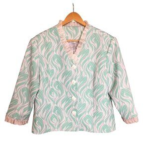 Vintage Womens Mint Green & White Patterned Blazer Top Ruffle Trim & Square Butt